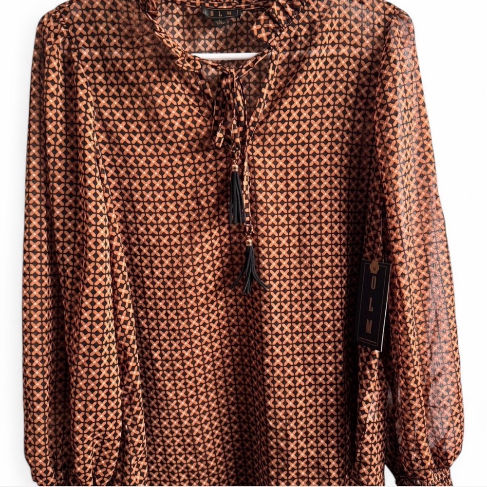 Brown Puff Sleeve Blouse with Tie Front